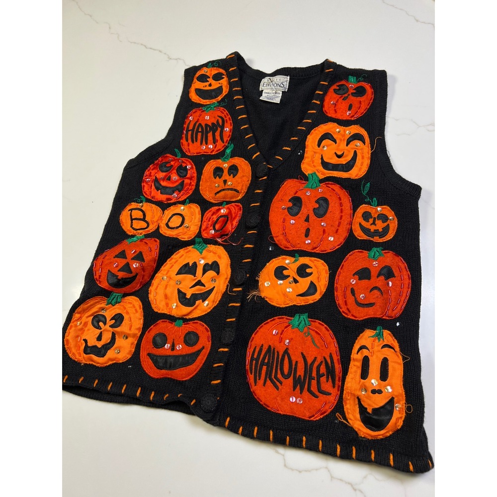 Basic Editions Vest Womens Black Pumpkin Halloween Applique Sequin knit vest